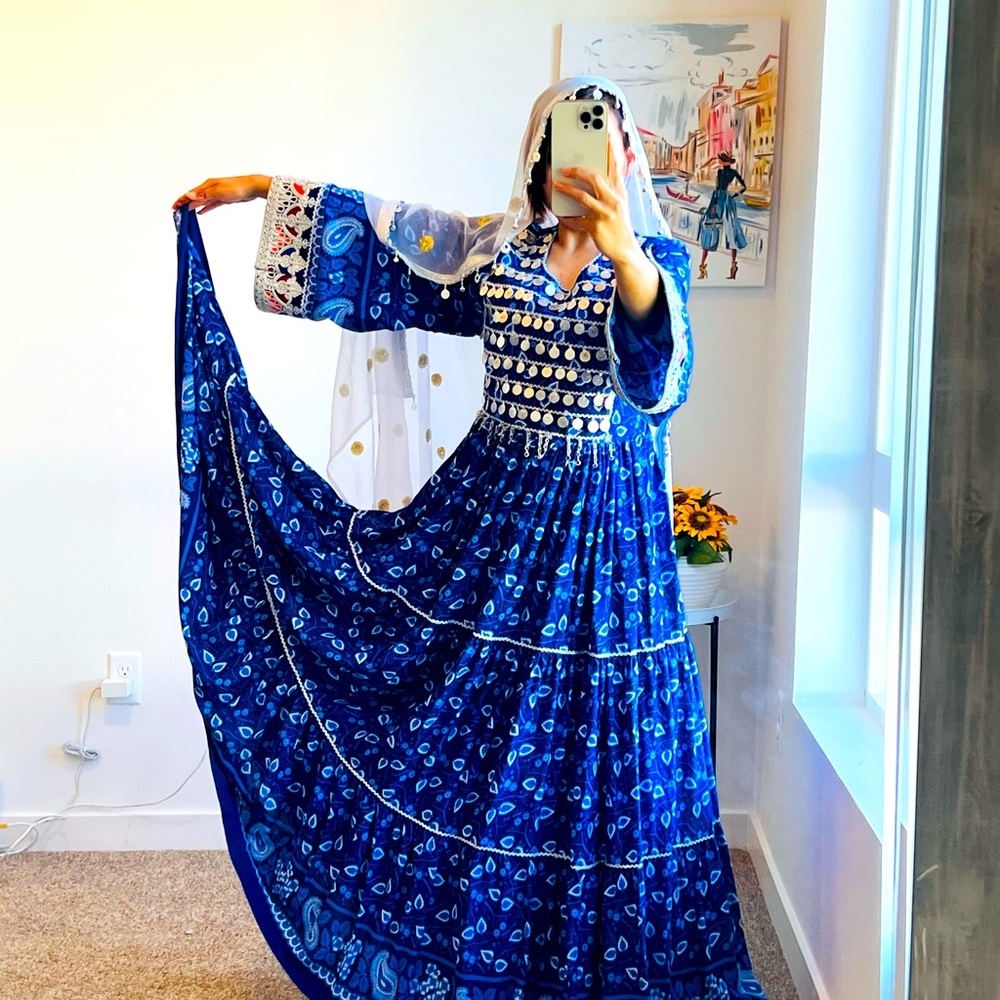 Women's Blue Ethnic Maxi Dress with Embroidered Bodice - Picture 2 of 4